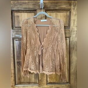 Mustard Seed Taupe Lace Blouse